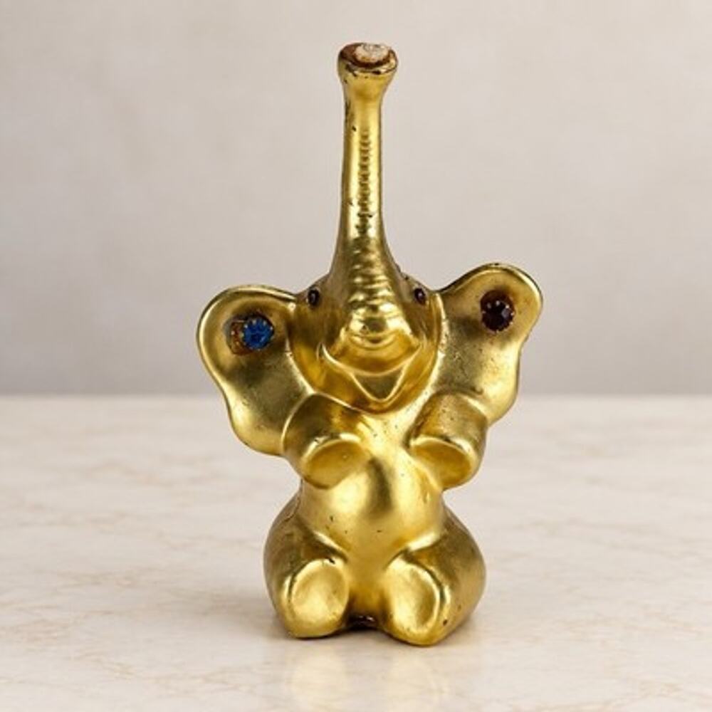 Vintage Beacon Gold Tone Elephant Ring Holder Rhinestone Figurine 5”